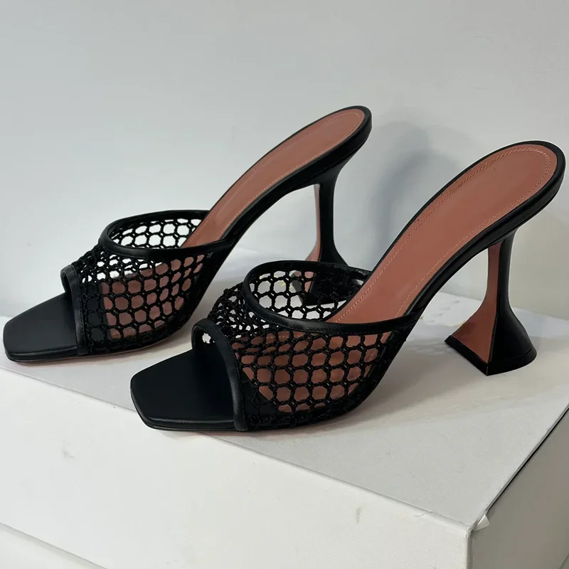 Chinelos de tecelagem de salto de vidro de vinho sexy dedo do pé quadrado oco deslizamento em novidades moda feminina sapatos modernos