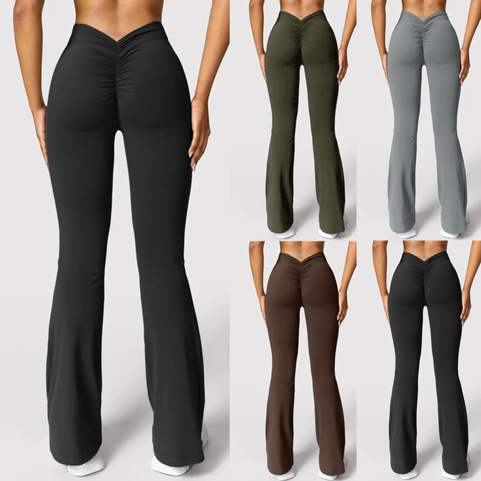 Pantalones acampanados a la moda para mujer, pantalones deportivos con cintura trasera en V, cintura alta, nalgas hermosas, pantalones deportivos, color sólido, ajustados La