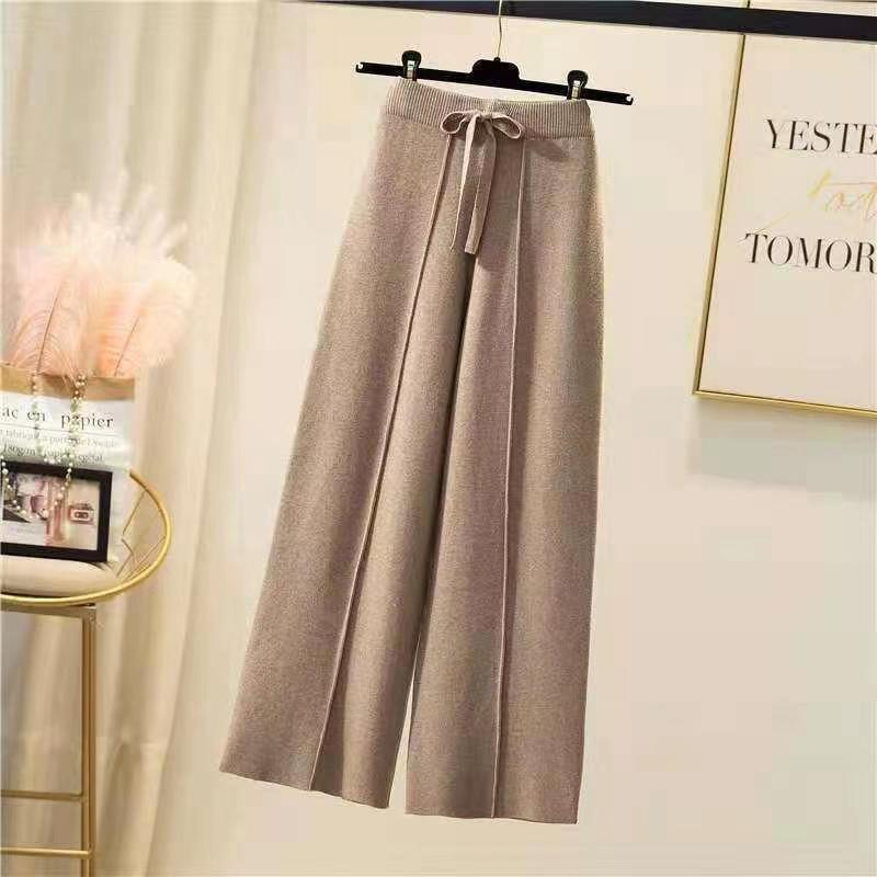Calças de malha femininas primavera e outono cintura alta elástica drape cordão solto casual esfregar calças retas calças de perna larga