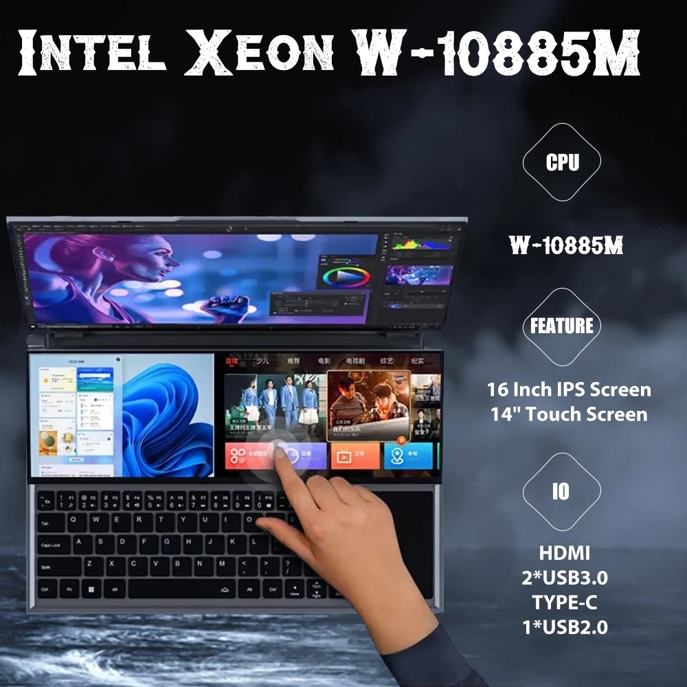 Intel Xeon W-10885M portátil de pantalla Dual 16 pulgadas (pantalla táctil de 14 pulgadas) ordenador portátil para juegos DDR4 Windows 10 11 Pro