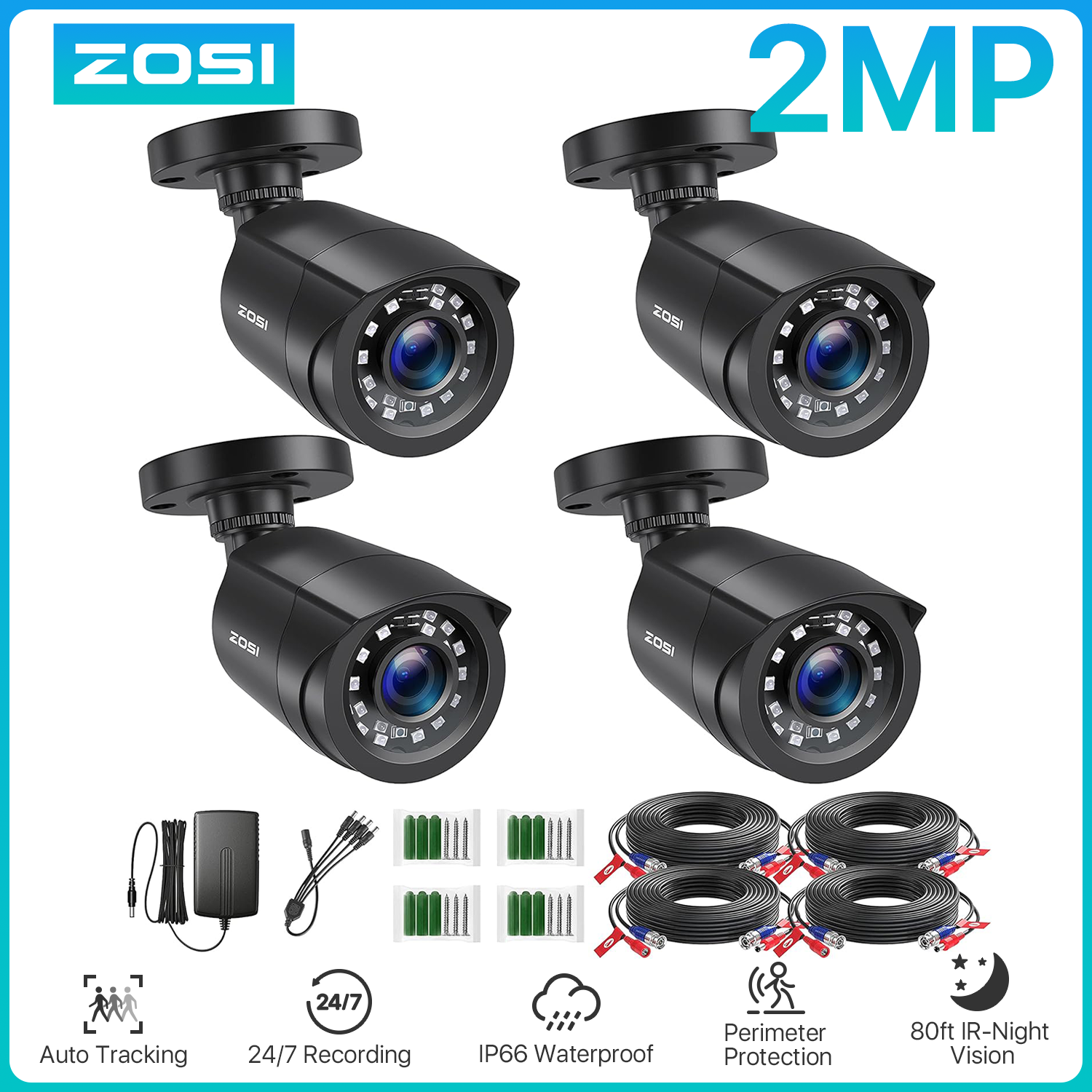 ZOSI 4 pcs/lot 1080p HD-TVI caméra de sécurité CCTV, Vision nocturne 80 pieds, Kit de caméra de Surveillance extérieure étanche