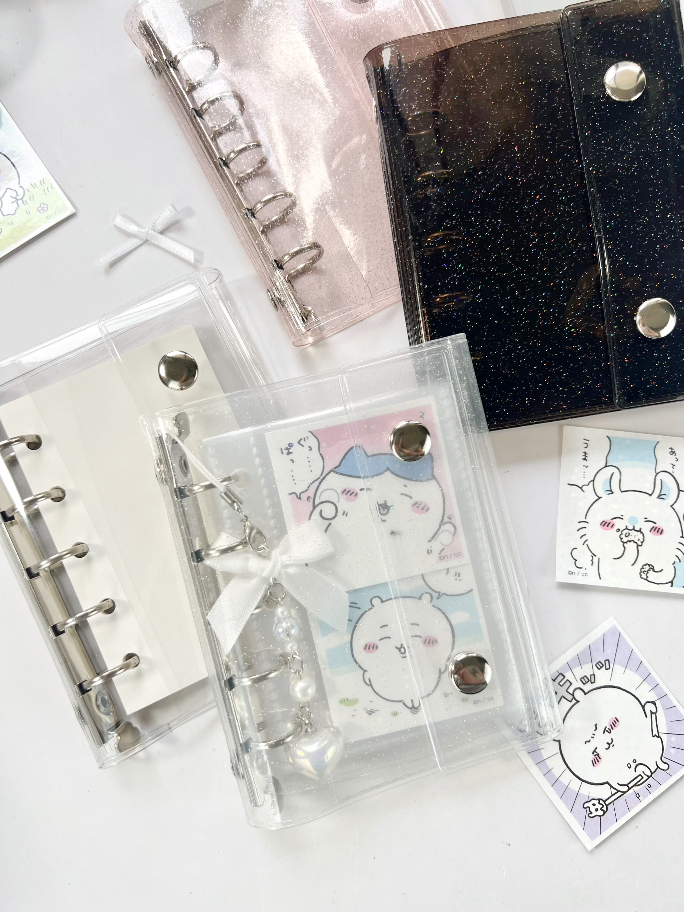 M5 5 穴グリッターピンク黒透明バインダールーズカバージャーナルスケッチブックアクセサリー日記事務用品