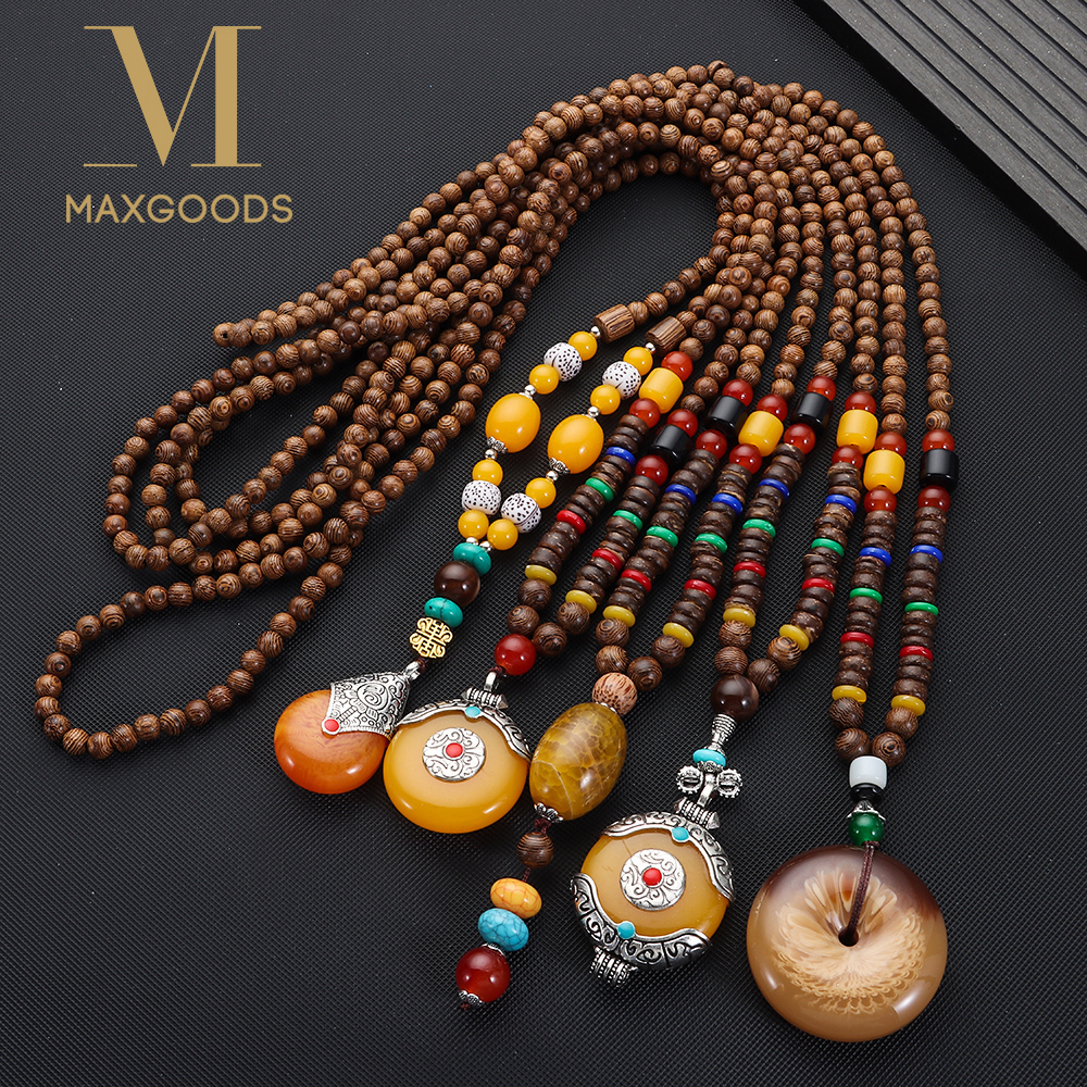 Handmade Nepal buddyjski Mala wisiorek z koralików naszyjnik etniczny drewniany koralik długi biżuteria prezenty dla kobiet