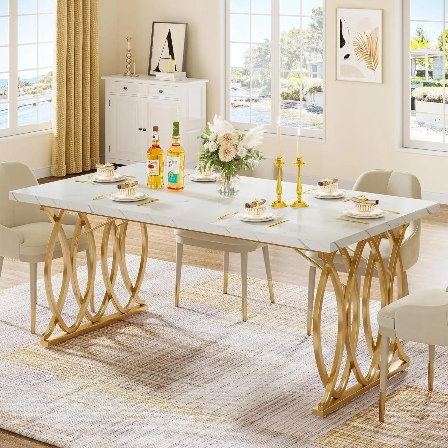 Moderne eettafel, 63 inch grote keukentafel voor 4-6 personen, unieke rechthoekige eettafel keuken- en eetkamermeubilair