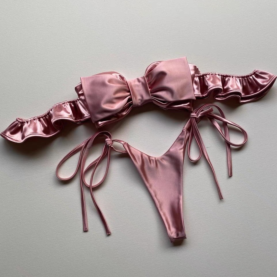 Bikini Bandeau rosa de 2 piezas para mujer, traje de baño Sexy con Tanga, Bikinis con lazo grande, ropa de playa coreana con volantes, traje de baño Y2K 2024