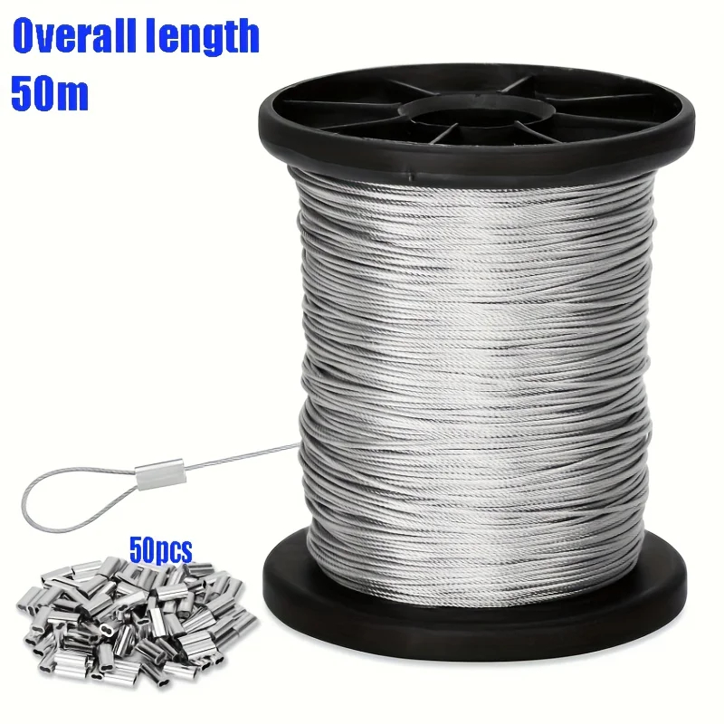 Cable de Acero Inoxidable de 50m/196ft con 50 Terminales de Aluminio, Cable 7x7 de Acero Inoxidable 304 para Colgar al Aire Libre, Tendederos, Jardín