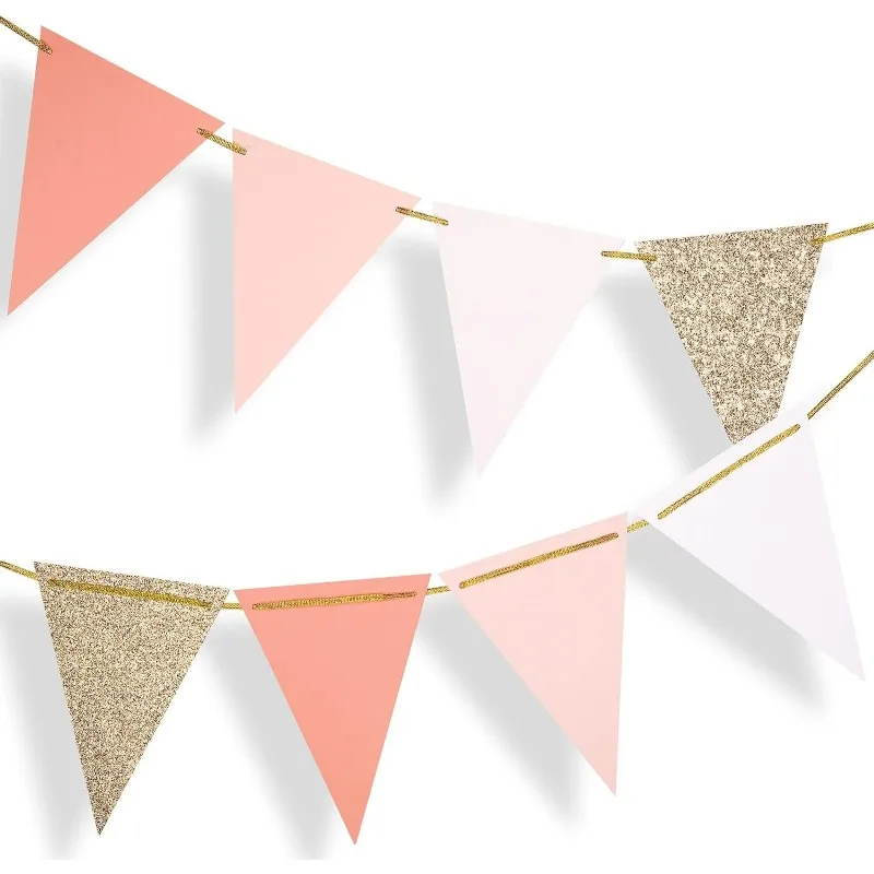 10ft Vintage ธงแบนเนอร์ Rose Gold สีชมพูตกแต่งกระดาษสามเหลี่ยมธง Bunting สําหรับ Boho Baby Shower Girl Room เนอสเซอรี่