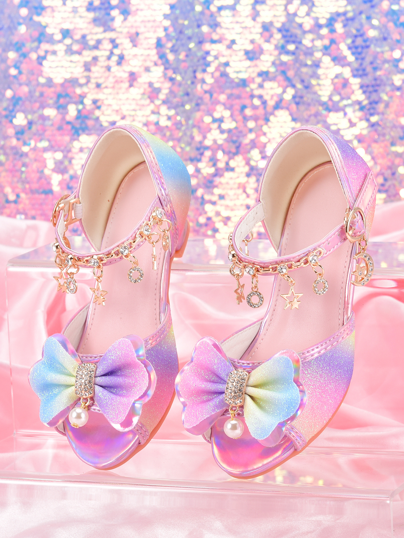 Zapatos de tacón alto con purpurina arcoíris a la moda para niñas, sandalias de fiesta para actuaciones de pasarela y desfile para niños