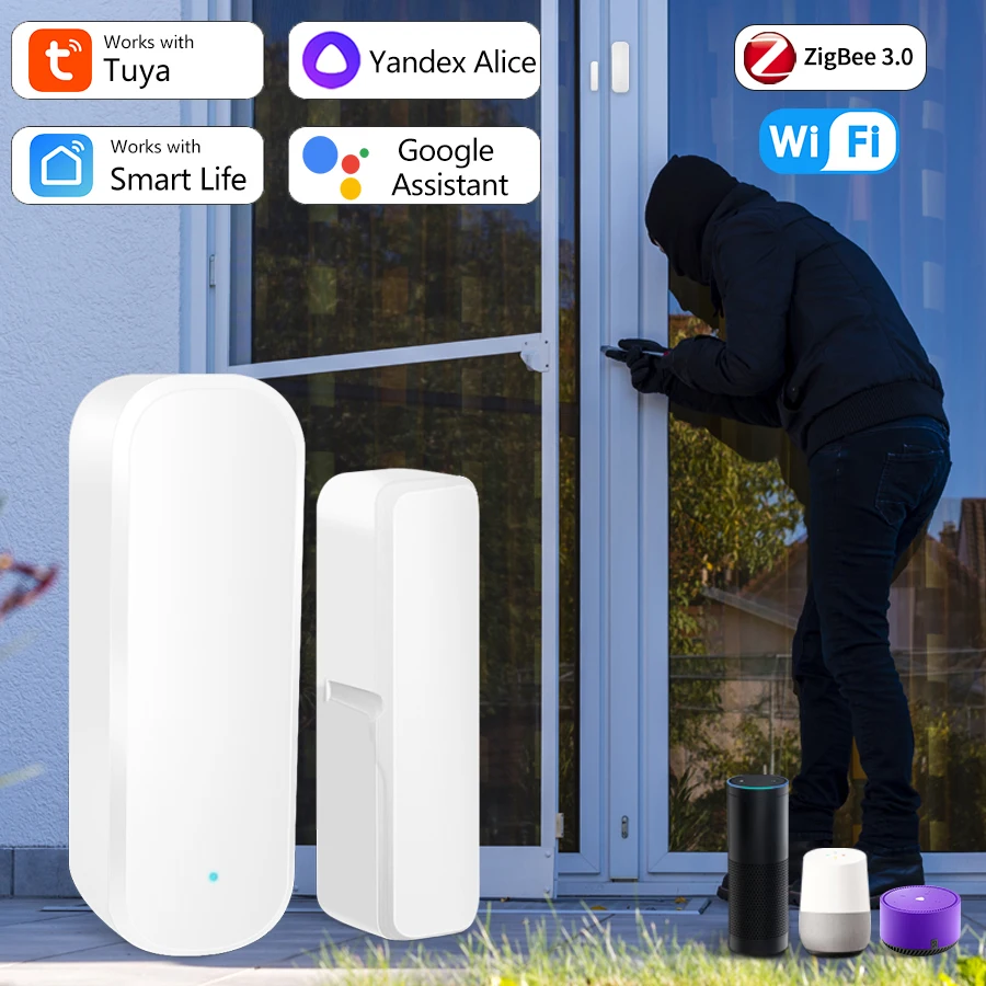 Tuya Zigbee Wifi Sensore porta Rilevatore intelligente per porte e finestre Sistema di allarme di sicurezza Antifurto Funziona con Smart Life Alexa Google Home