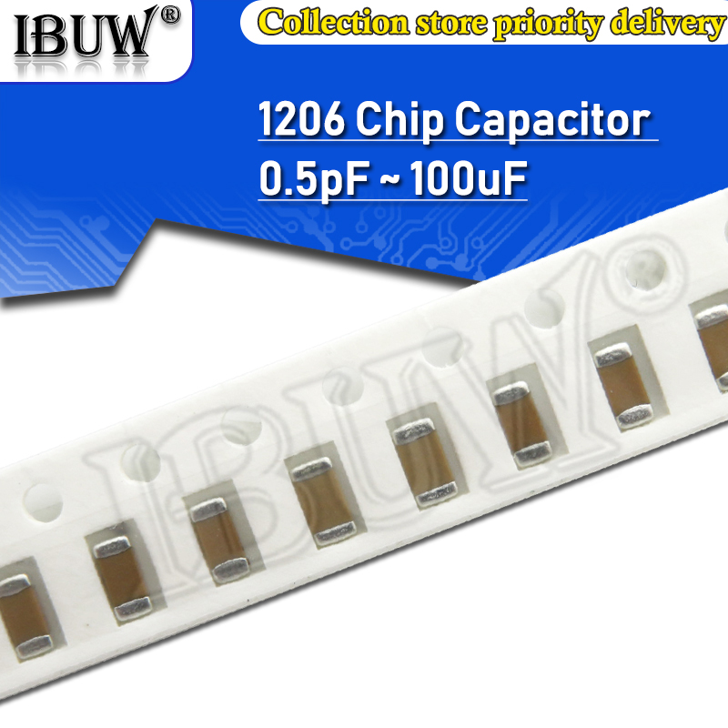 100 Uds 1206 SMD Chip condensador cerámico multicapa 0,5pF - 100uF 10pF 100pF 1nF 10nF 15nF 100nF 0,1uF 1uF 2,2uF 4,7uF 10uF 47uF