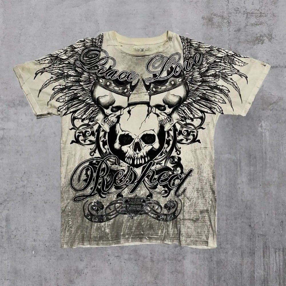 Europäisches und amerikanisches Herren-Sommer-T-Shirt mit Gothic-Totenkopf-Buchstaben-Print, weich und atmungsaktiv, Rundhalsausschnitt, modisch für den Outdoor- und Streetwear-Stil.