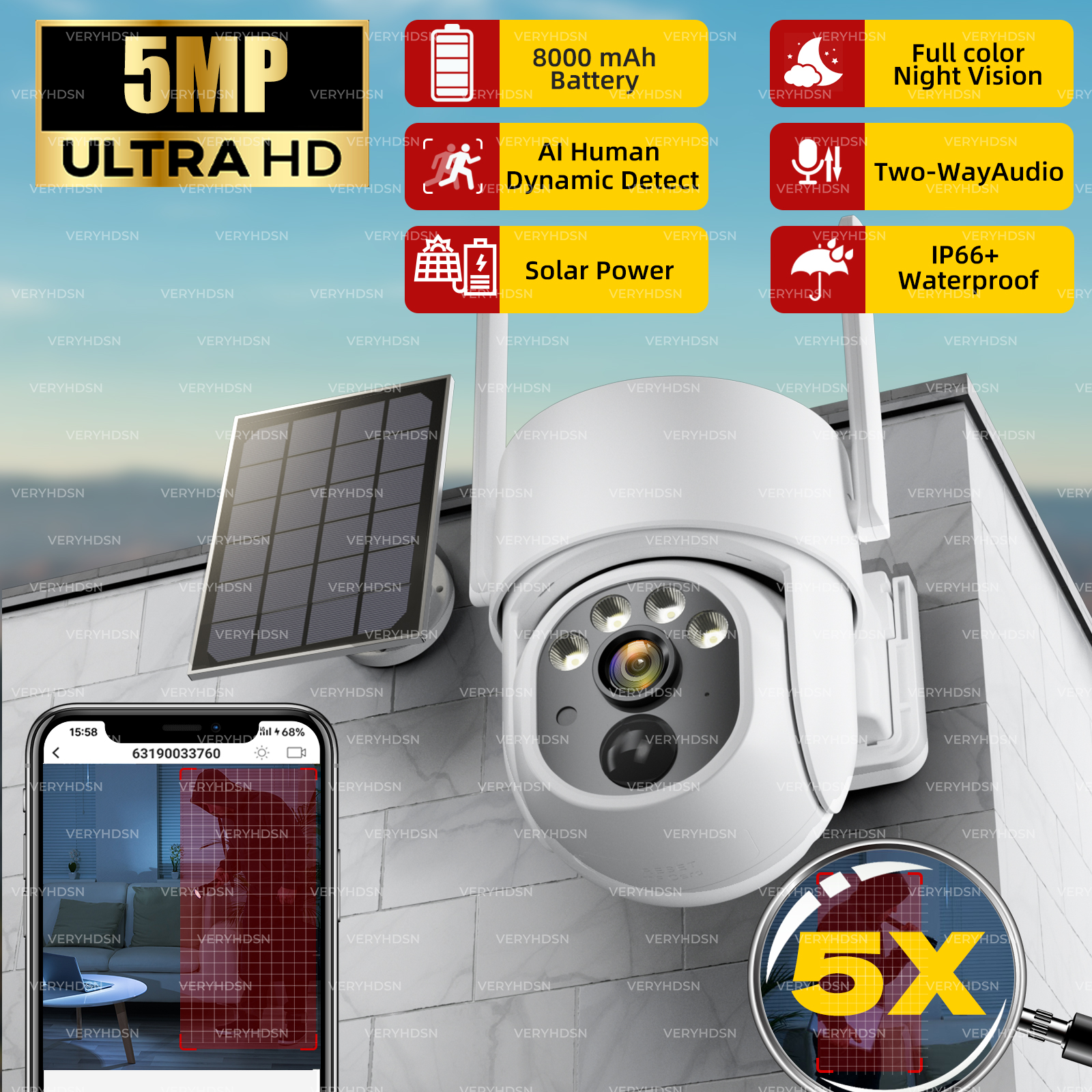 Cámara IP de 5MP con energía Solar WiFi PTZ para exteriores IP66 impermeable 8000mAh batería integrada cámara de vigilancia PIR detección humana 5X Zoo