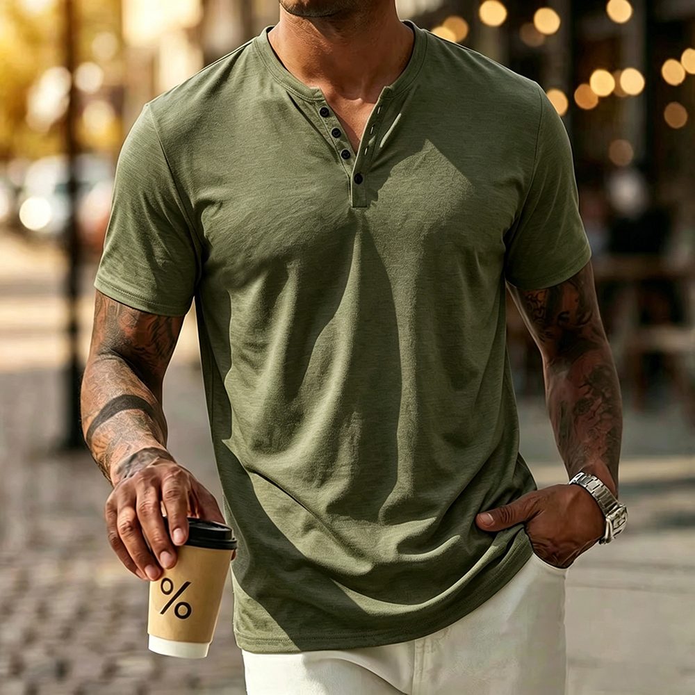 T-shirt Estiva da Uomo in Cotone, Tinta Unita, Traspirante, Leggera, Slim Fit, Collo Henley, Manica Corta, Casual, Streetwear Maschile