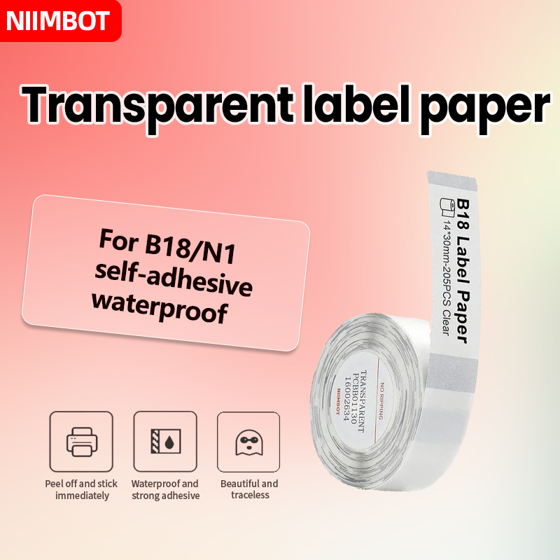 Impresión por transferencia de calor Niimbot B18/N1, etiqueta adhesiva blanca/transparente, autoadhesiva impermeable resistente a altas temperaturas,