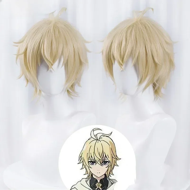 Mikaela Hyakuya คอสเพลย์วิกผมผู้ชายสั้นสีบลอนด์วิกผมคอสเพลย์อะนิเมะคอสเพลย์วิกผมสังเคราะห์ทนความร้อนวิกผม