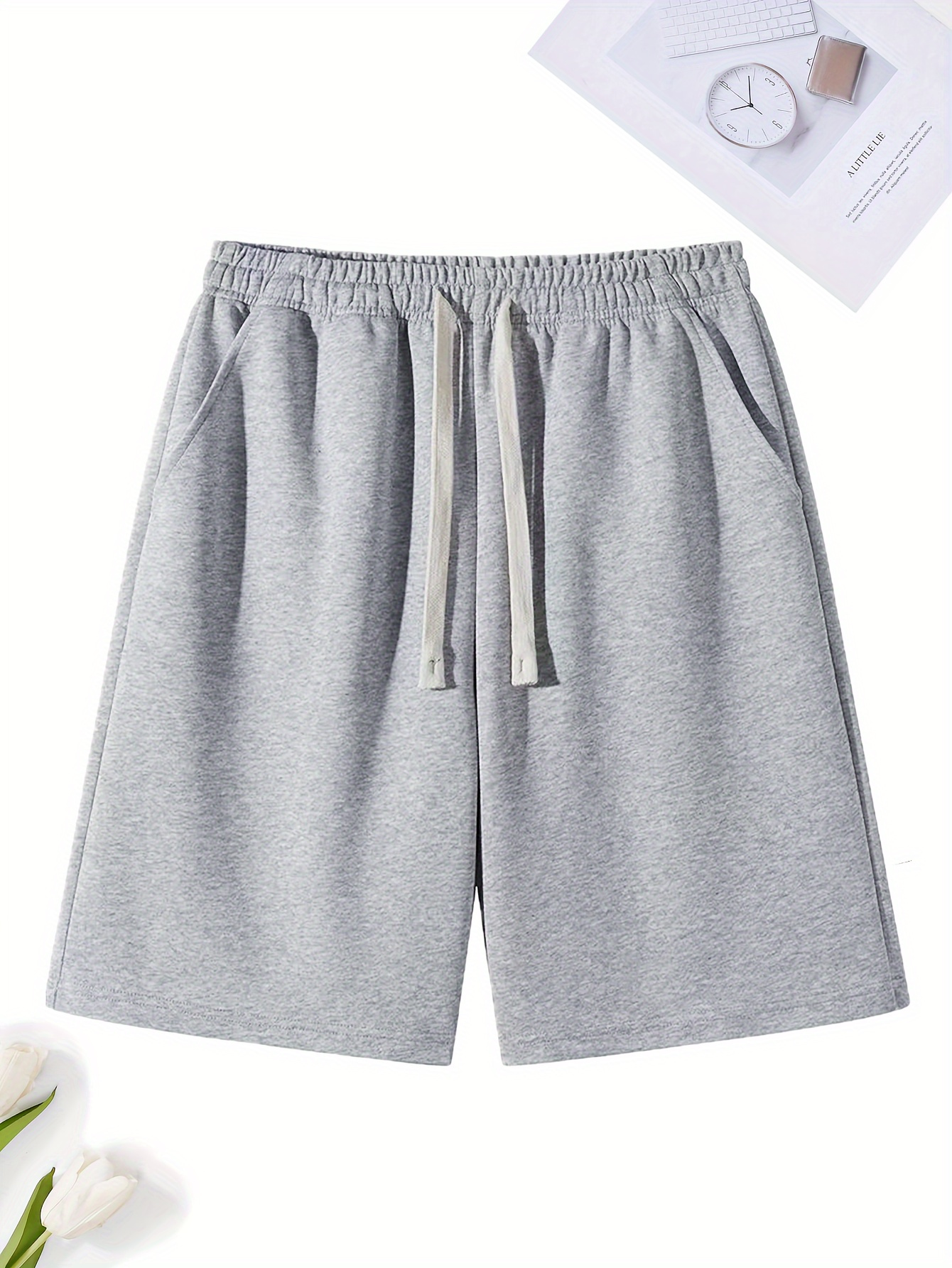 Men'S Classic Casual Sports Shorts Polyester Knitted Fabric, Solid Color