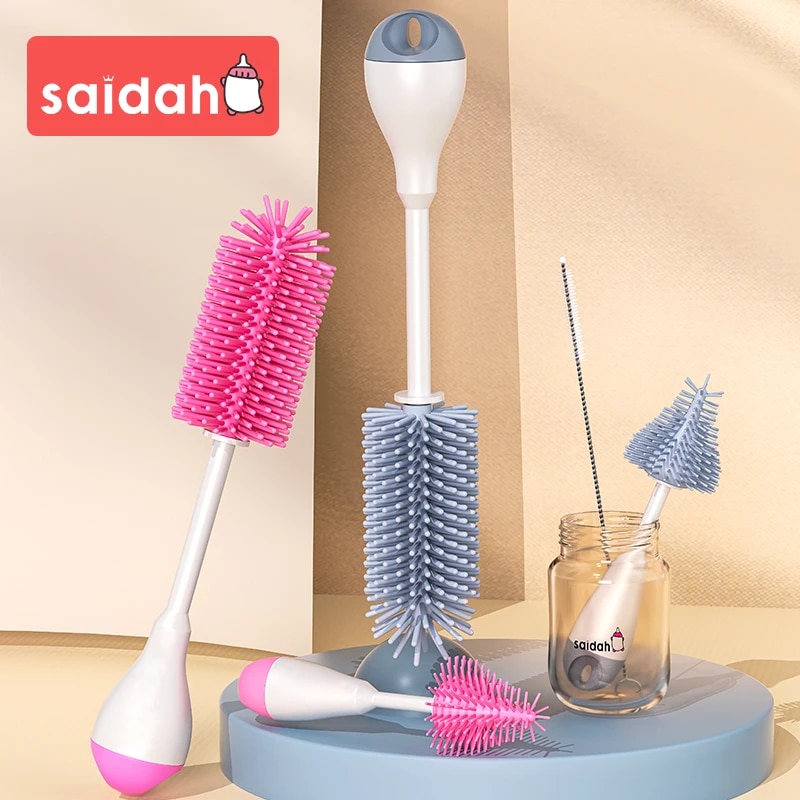 Rotação de 360 graus 3 em 1 silicone garrafa de bebê chupeta escova lavagem copo de água recipiente palha conjunto de escova de limpeza