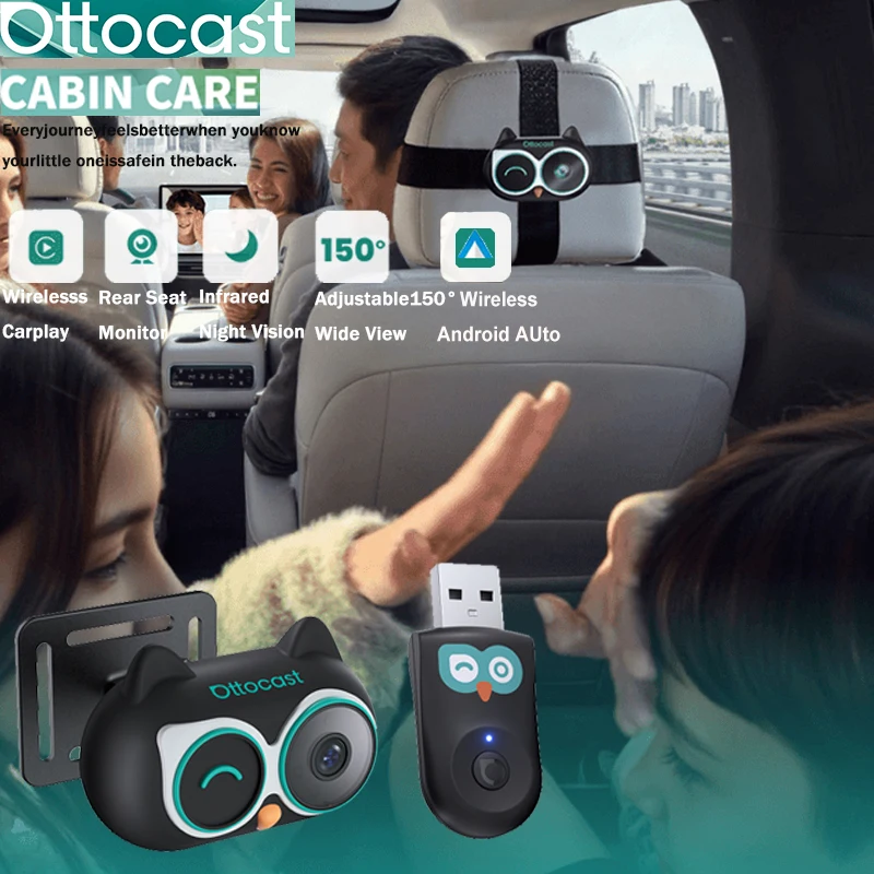 Беспроводной адаптер Ottocast Cabin Care для CarPlay, автомобильная камера для наблюдения за ребенком, 1080P HD, 150° °   Широкоугольный монитор ночного видения для задних сидений, совместимый с 98% автомобилей