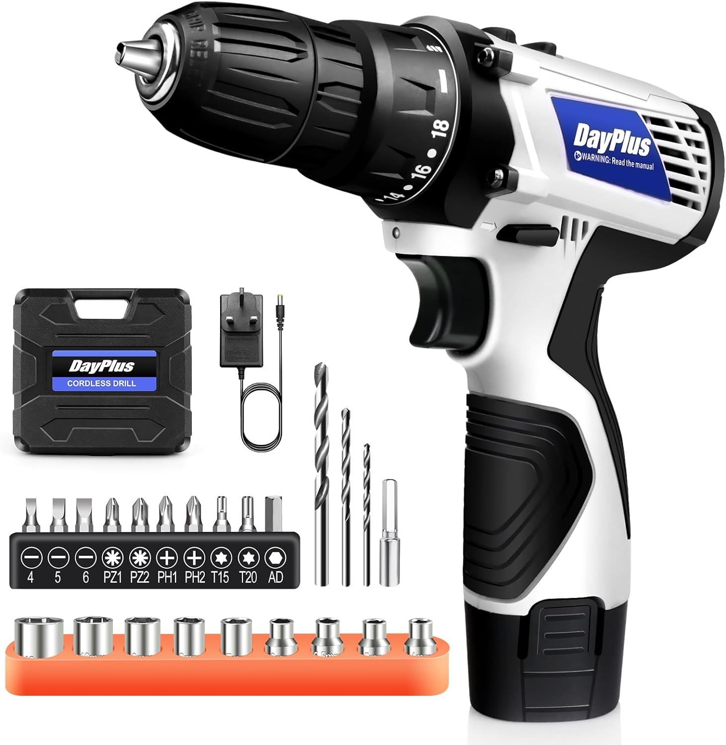 Zestaw mini wiertarko-wkrętarki akumulatorowej DayPlus, wkrętak elektryczny 12 V + lampa robocza LED, wysoki moment obrotowy 45 Nm, 3/8 cala uchwyt bezkluczowy, 18 + 1