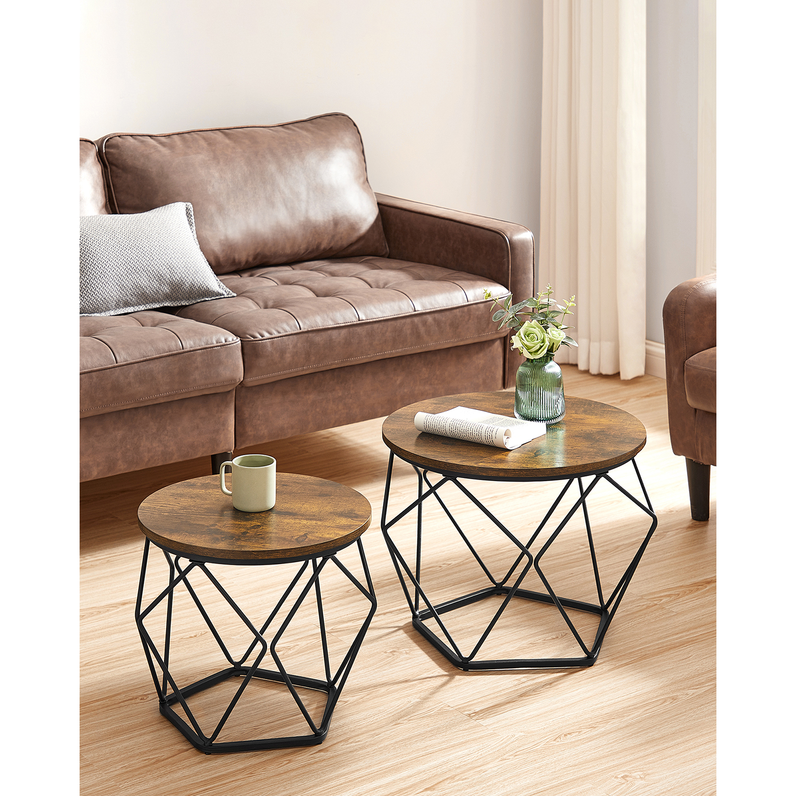 VASAGLE Round Coffee Table, Set of 2, Side Table, Sofa End, Modern Style, Removable Top, Steel Frame, for Living Room