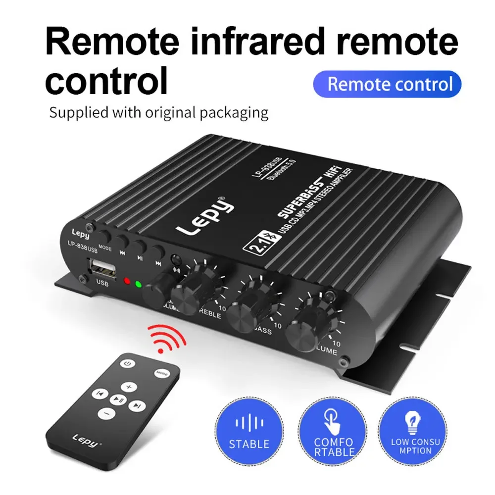 LEPY 838 USB Bluetooth 5,0 amplificador de subwoofer HIFI 2,1 canales 12V amplificador de hogar para coche unidad USB música sin pérdidas adecuada para altavoz de 4-8 Ohm