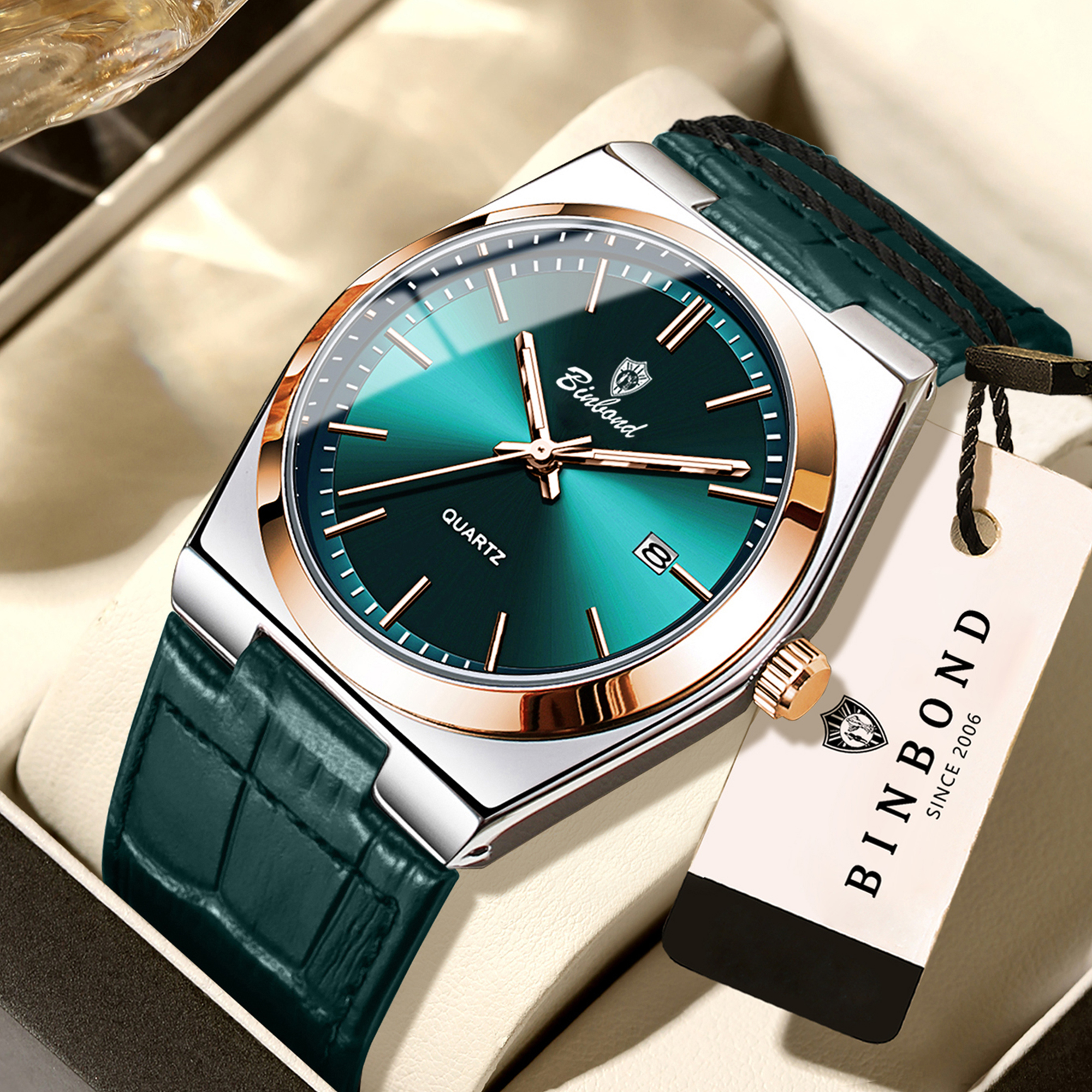 Мужские наручные часы BINBOND Luxury Quartz: светящиеся, водонепроницаемые, с автодатой, для бизнеса, спорта и повседневной носки, кожаный ремешок