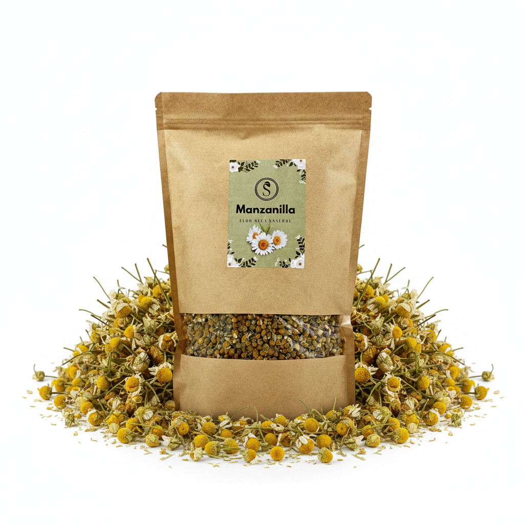 La Herbera |   Manzanilla Dulce (Matricaria chamomilla) flor entera, Camomila, Magarza, Manzanilla alemana |   Infusión, tisana, repostería, aromaterapia |   Flor seca a granel |   Envasado en España, selección artesanal, Flores de Manzanilla, Flores Seca