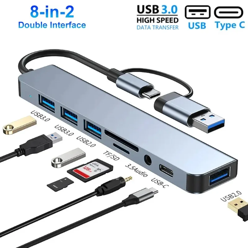 Hub USB C de 8 Puertos, Concentrador USB A Tipo C, Estación de Acoplamiento USB C de 5 Gbps, Adaptador Múltiple con Lector de Tarjetas SD y TF para MacBook Air y PC