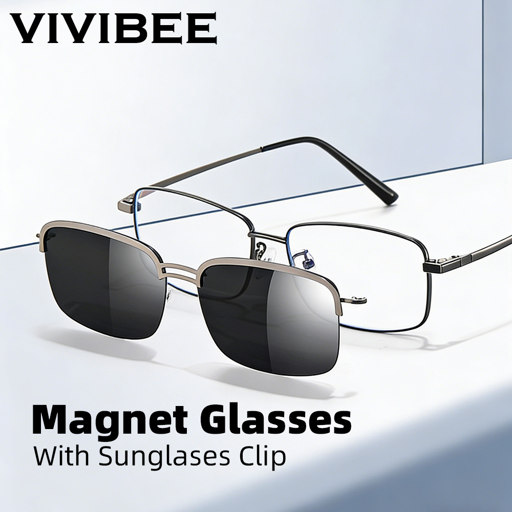 VIVIBEE Rechthoekige magnetisch gepolariseerde clip-on zonnebril Heren Metalen bril Zakelijk frame UV400 Rijzonnebril