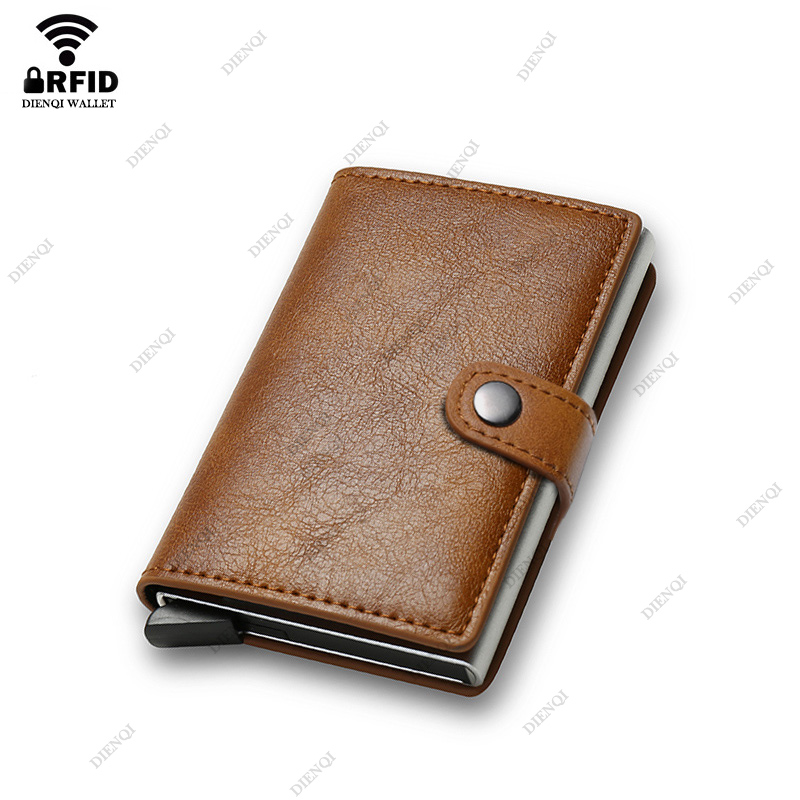 DIENQI, tarjetero anti Rfid para tarjetas bancarias, billeteras para hombre, tarjetero de cuero marrón, funda de lujo pequeña y delgada, billetera inteligente