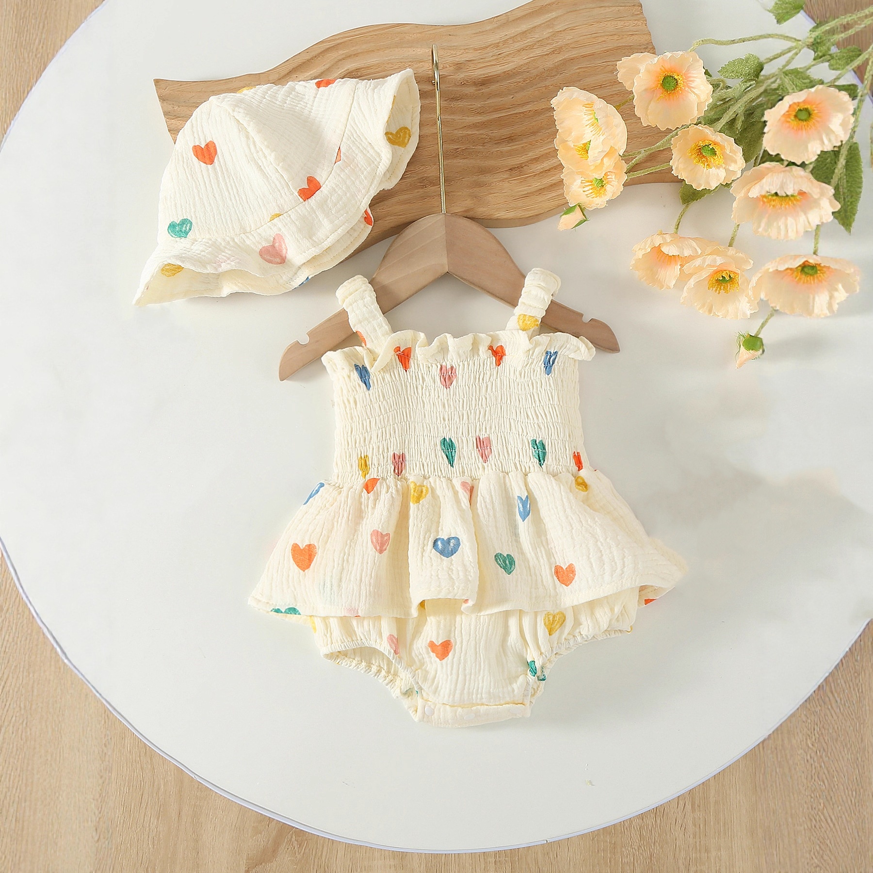 3M-2T Summer Newborn Baby Girl Clothing Suit Heart Print Infant Girls Bodysuits Yellow Hat Set for Newborns Jumpsuit Skirts