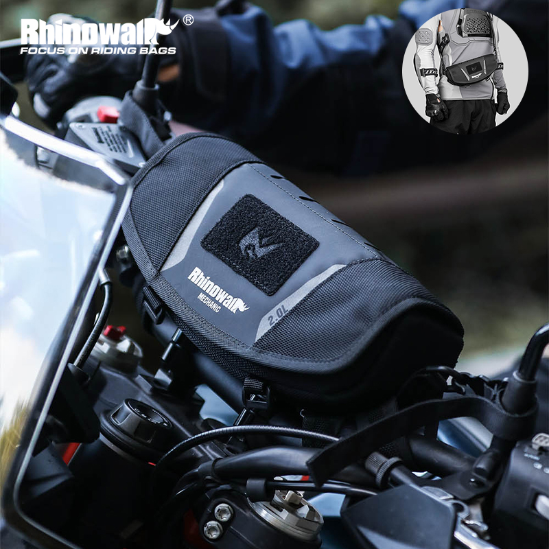 Torba na kierownicę motocyklową Rhinowalk, stabilna torba do przechowywania, torba podróżna na ramię z systemem Molle i osłoną przeciwdeszczową na akcesoria ADV.