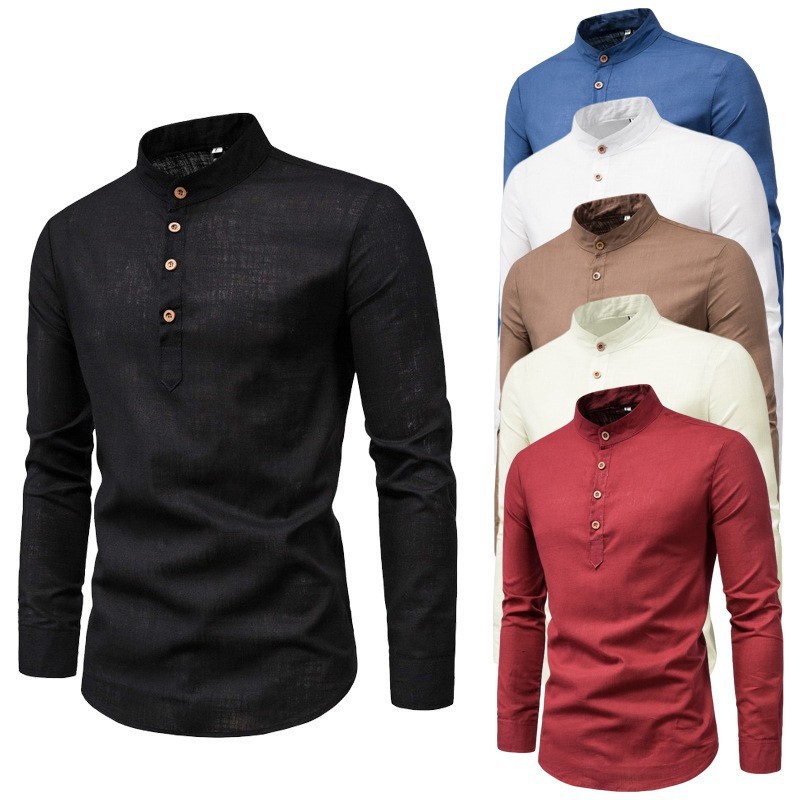 Camisa de negocios de manga larga con cuello levantado ajustada informal de color sólido para hombre