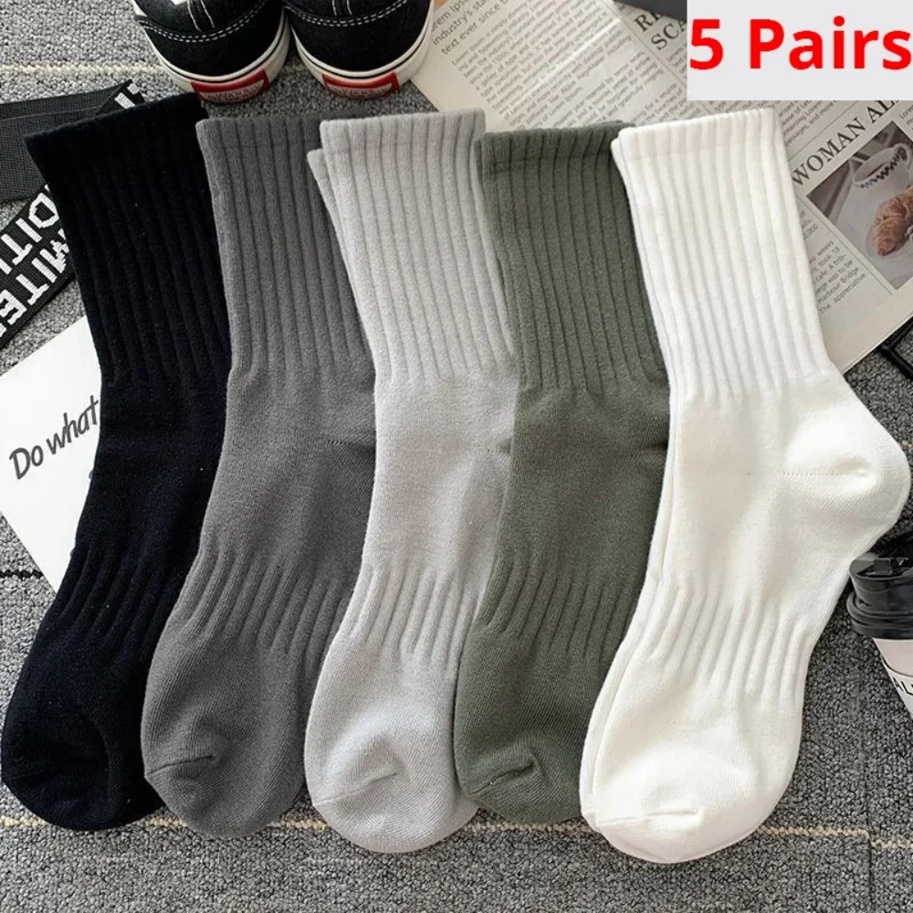Chaussettes de sport monochromes à tube moyen pour hommes, chaussettes de basket-ball, taille haute, élastique, couple, printemps, été, 4 saisons, 5 paires