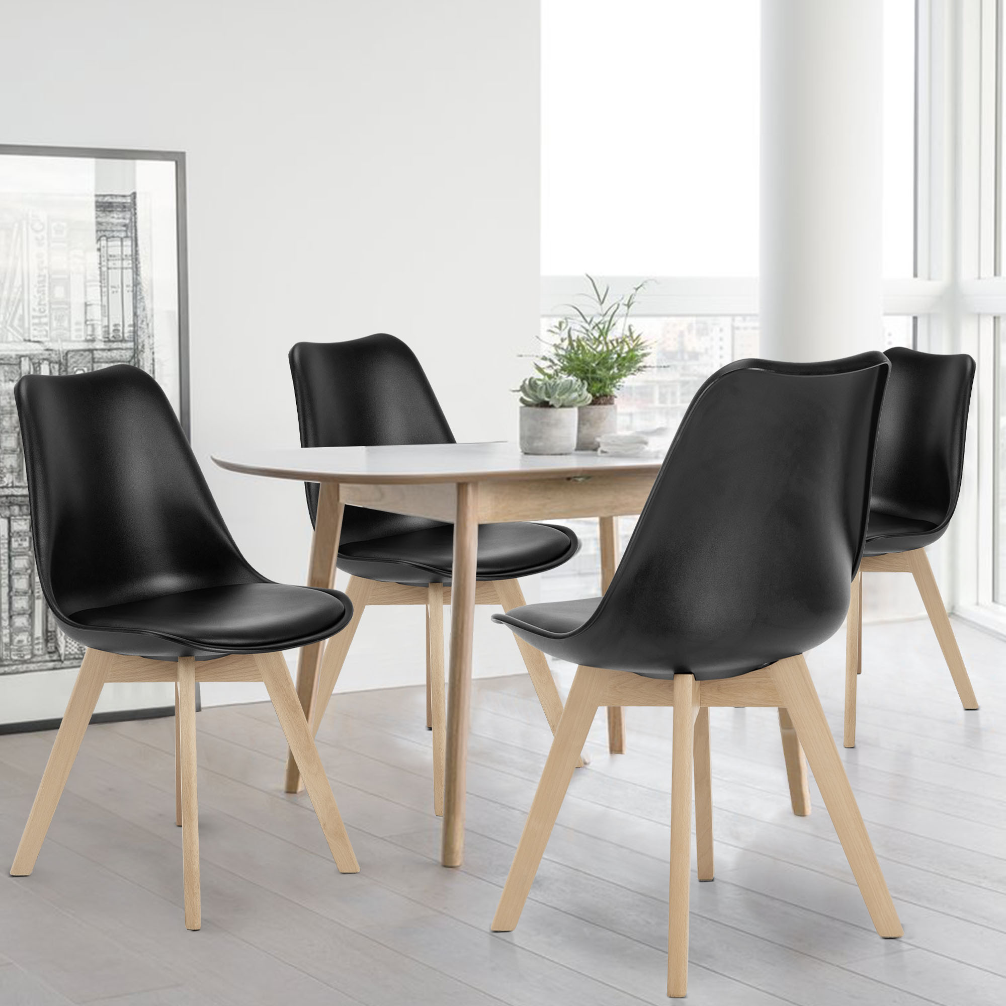 JHK Esszimmerstühle aus PU-Leder, 4er-Set, Holzbeine, Loungesessel für die Küche zu Hause, bequemer Schwammkissen-Wohnzimmerstuhl