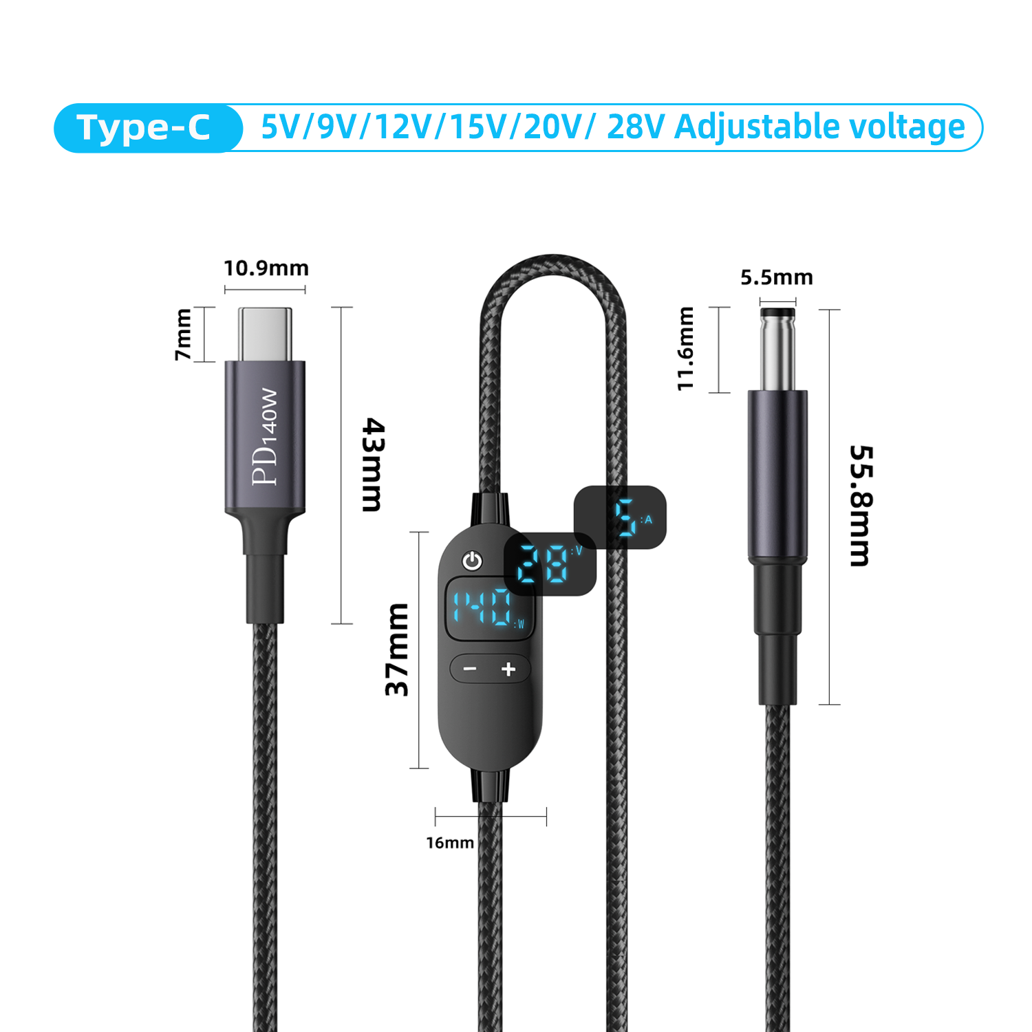 Kabel Daya USB C ke DC 140W Tipe C ke 5V 9V 12V 15V 20V 28V Kabel Adaptor Tegangan Dapat Disesuaikan untuk Laptop Router