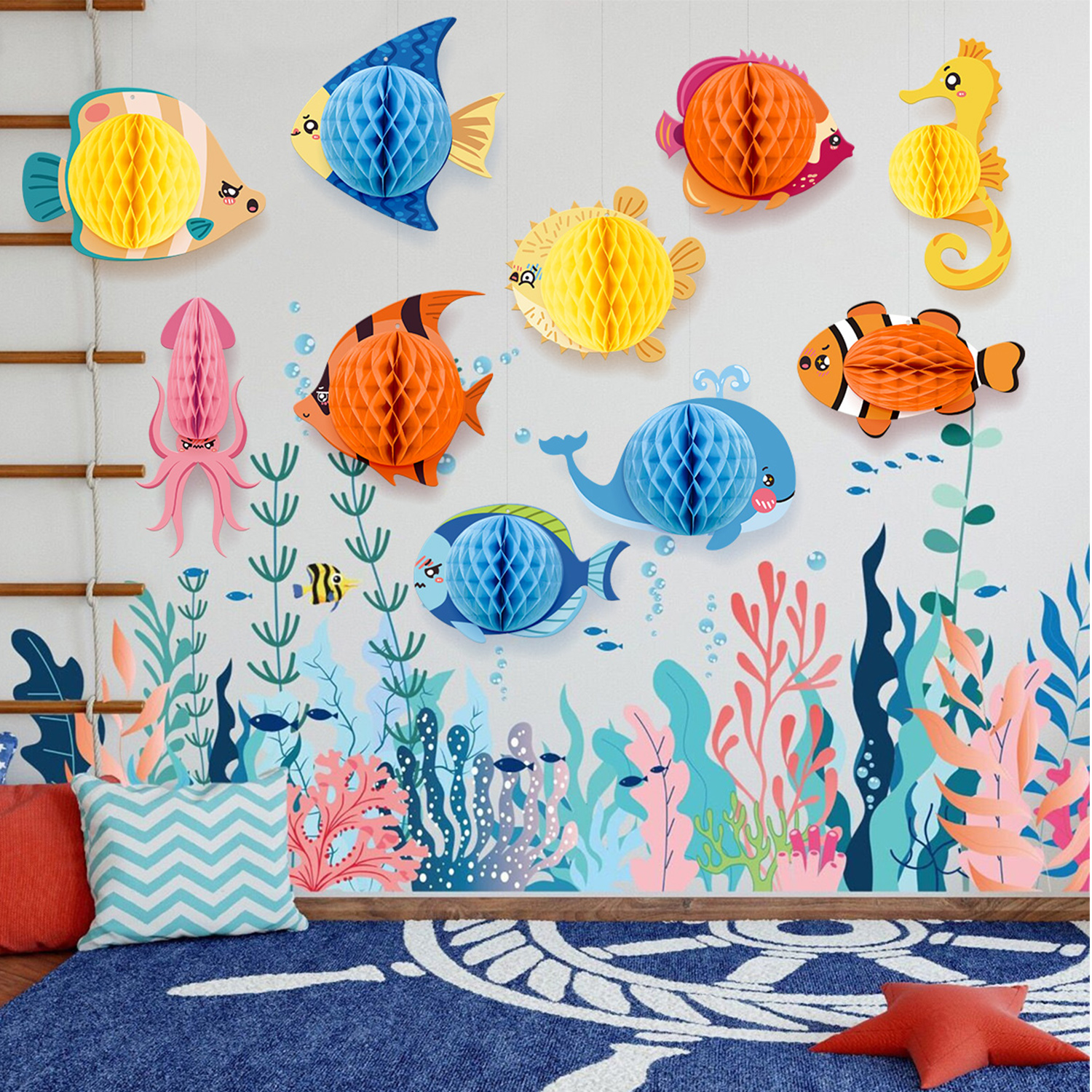 10 Stück tropische Fische Papier Wabenball Ozean Tier Zuhause zum Aufhängen für Kinder unter dem Meer Thema Geburtstag Babyparty Party Dekor