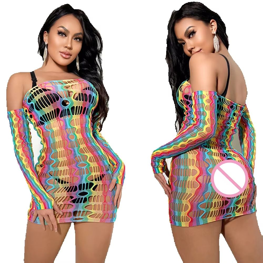 Moda donna colore arcobaleno rete da pesca gonna corta erotica trasparente Hollow Mini vestito aderente signore Sexy maglia Hollow Dress