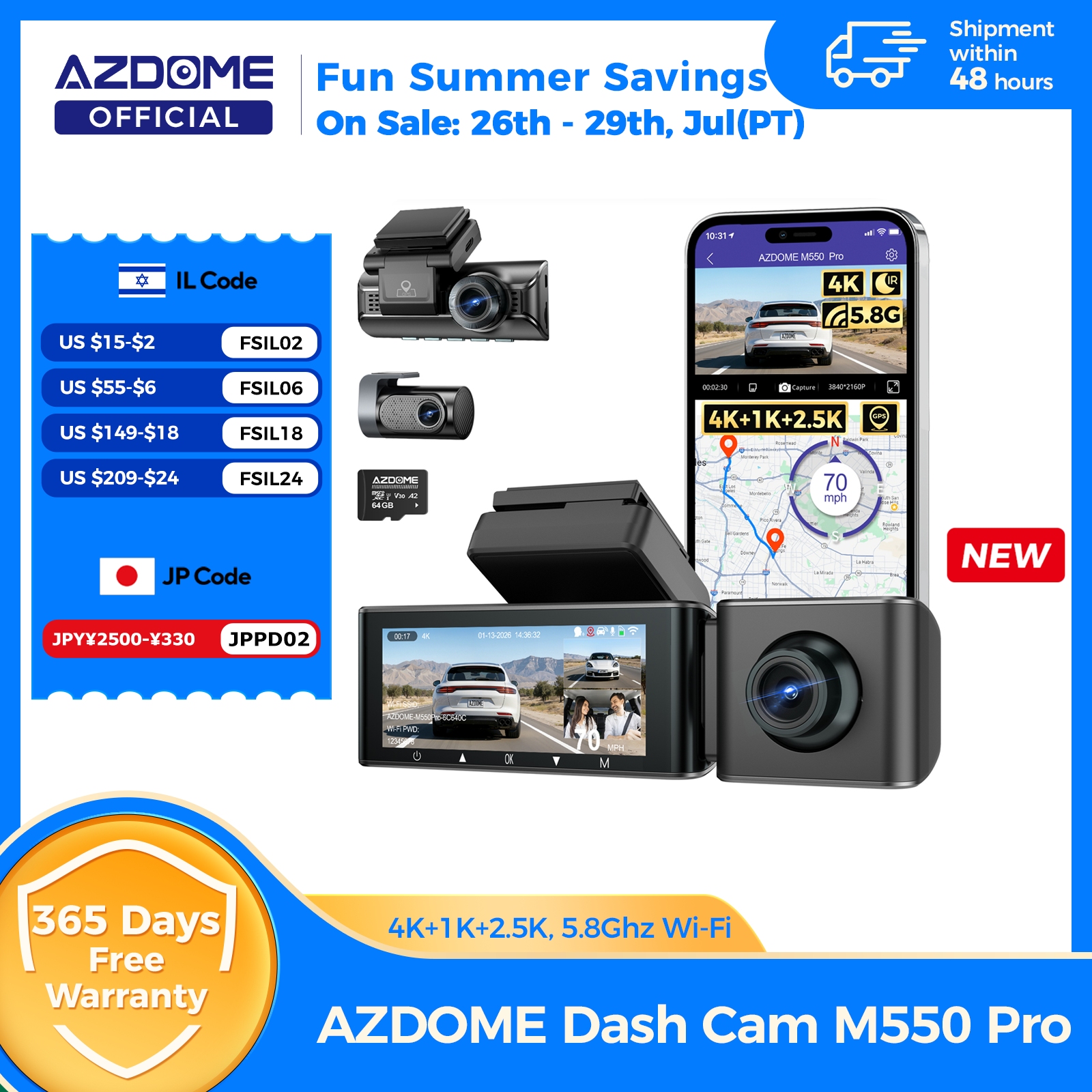 AZDOME M550 Pro Dash Cam Car DVR 5.8Ghz WiFi 3.19" IPS 2 or 3 Channel Dash Camera GPS Night Vision Dual 4K+1080P Parking Monitor