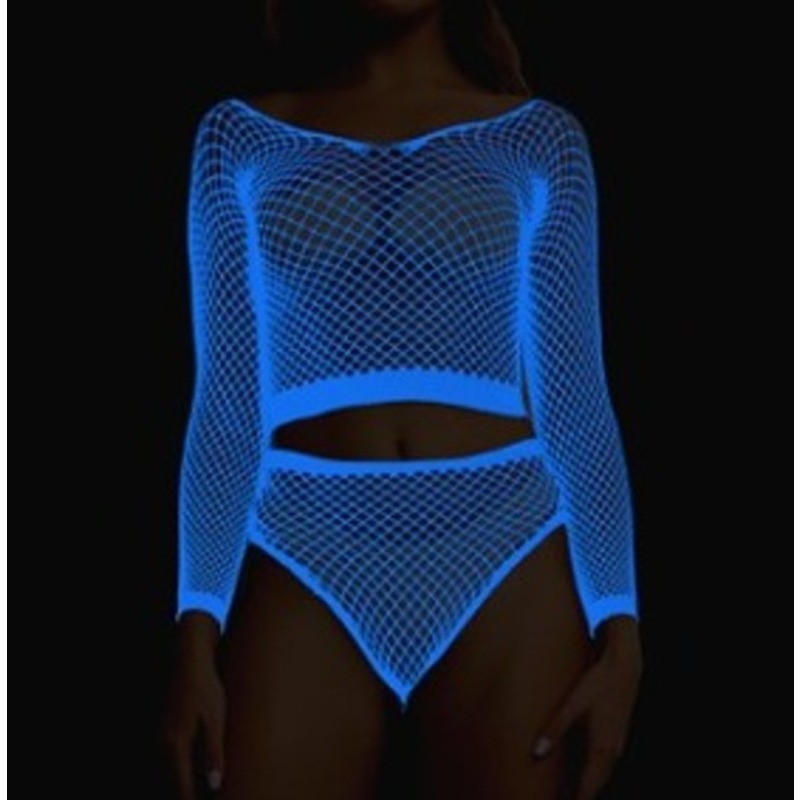 Azul brilho o escuro conjunto de lingerie oco para fora fishnet bodystocking luminosa pura malha roupa senhoras sexy erótico tudo um