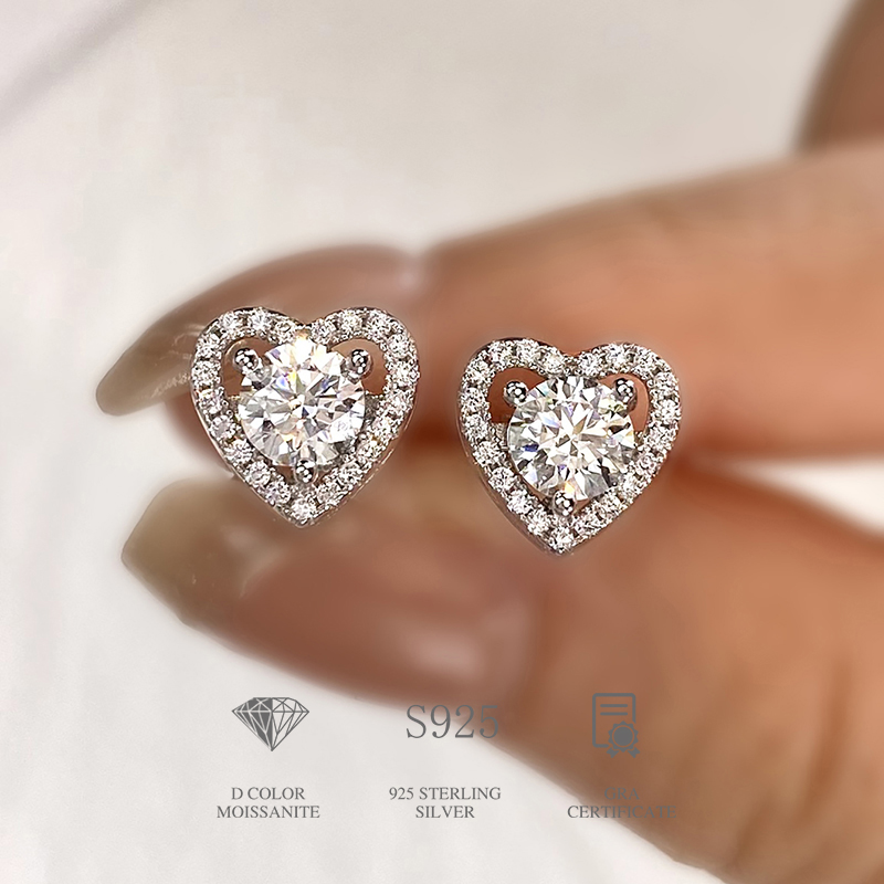 DiamondWorld Real 0.5CT D Color Moissanite Diamond Heart Halo Kolczyki sztyfty dla kobiet 925 Sterling Silver Luksusowa biżuteria szlachetna