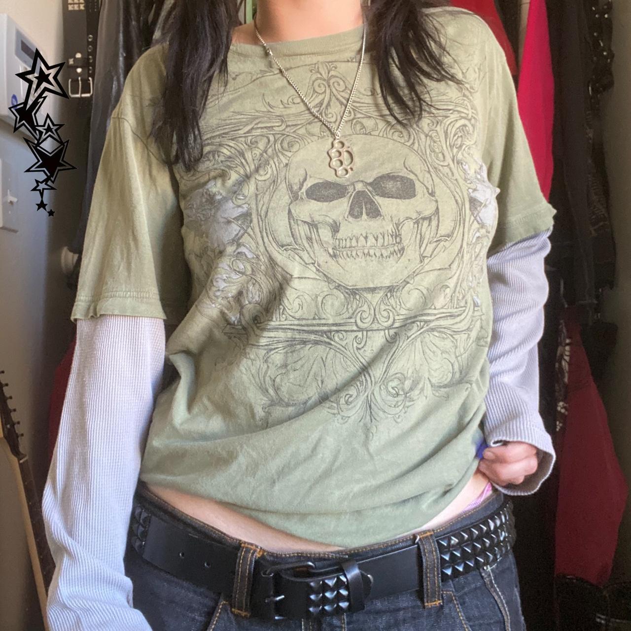 Vintage Graphic Skull Print T-shirts Y2K Cyber Aesthetic Tops Patchwork Long Sleeve Tee Gothic Grunge Emo Alt Clothes Streetwear