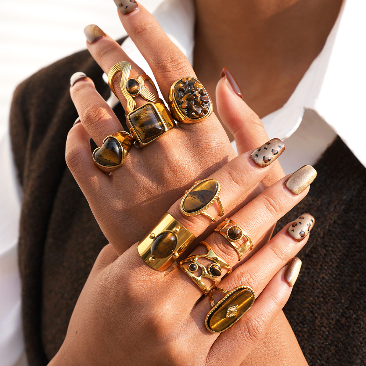 Cincin Baja Tahan Karat Berlapis Emas Kreatif untuk Wanita Cincin Jari Batu Harimau Alami Geometris Sederhana Hadiah Perhiasan Vintage Boho