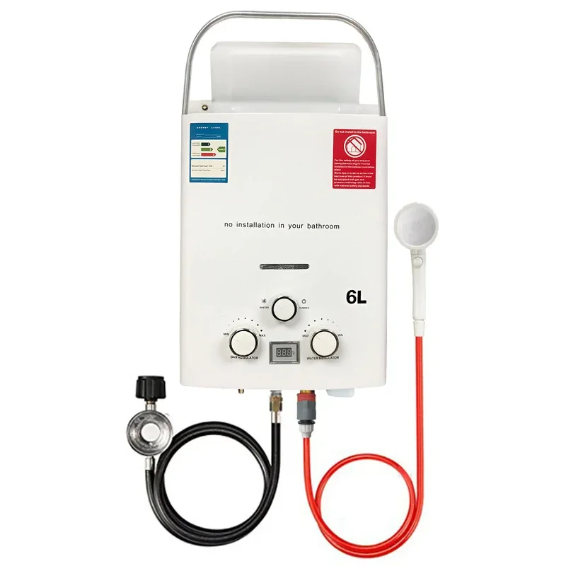LPG Propane Gás Tankless Water Heater, 6L, Ao ar livre, Camping, Banho de aquecimento instantâneo com chuveiro, Aquecedor de água quente, Carro, Caminhão, Barraca
