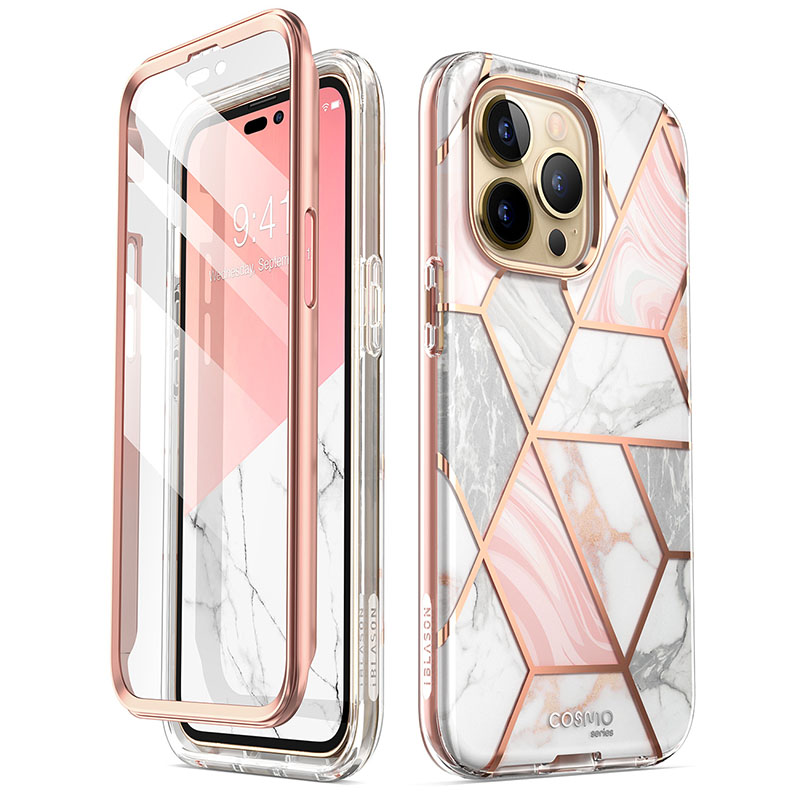 For iPhone 14 Pro Case 6.1 inch (2022) I-BLASON Cosmo Full-Body Glitter Marble Bumper Case with Built-in Screen Protector