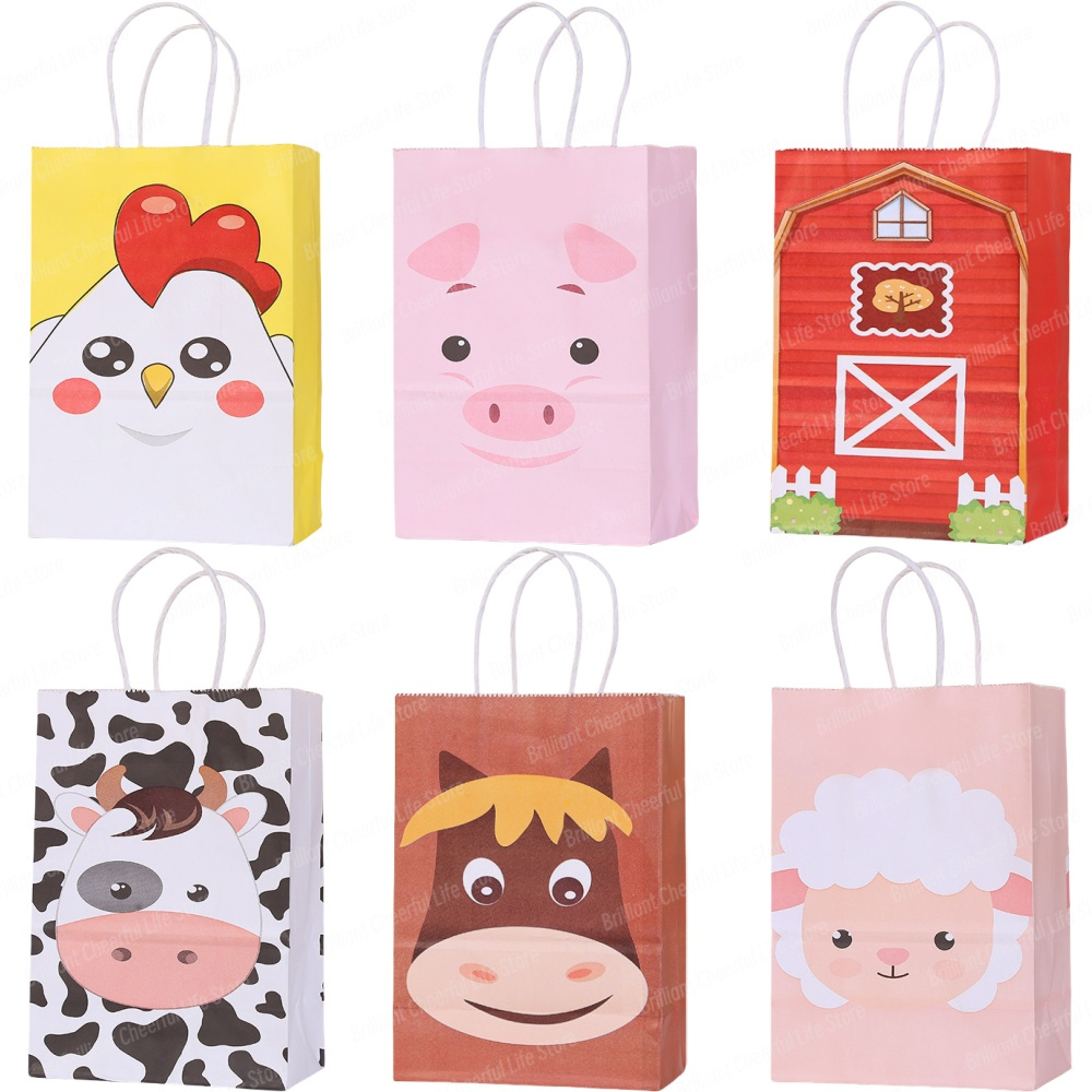 6/12 buah tas hadiah hewan pertanian untuk pesta ulang tahun Barnyard kertas permen tas Goody anak laki-laki anak perempuan dekorasi pesta Baby Shower