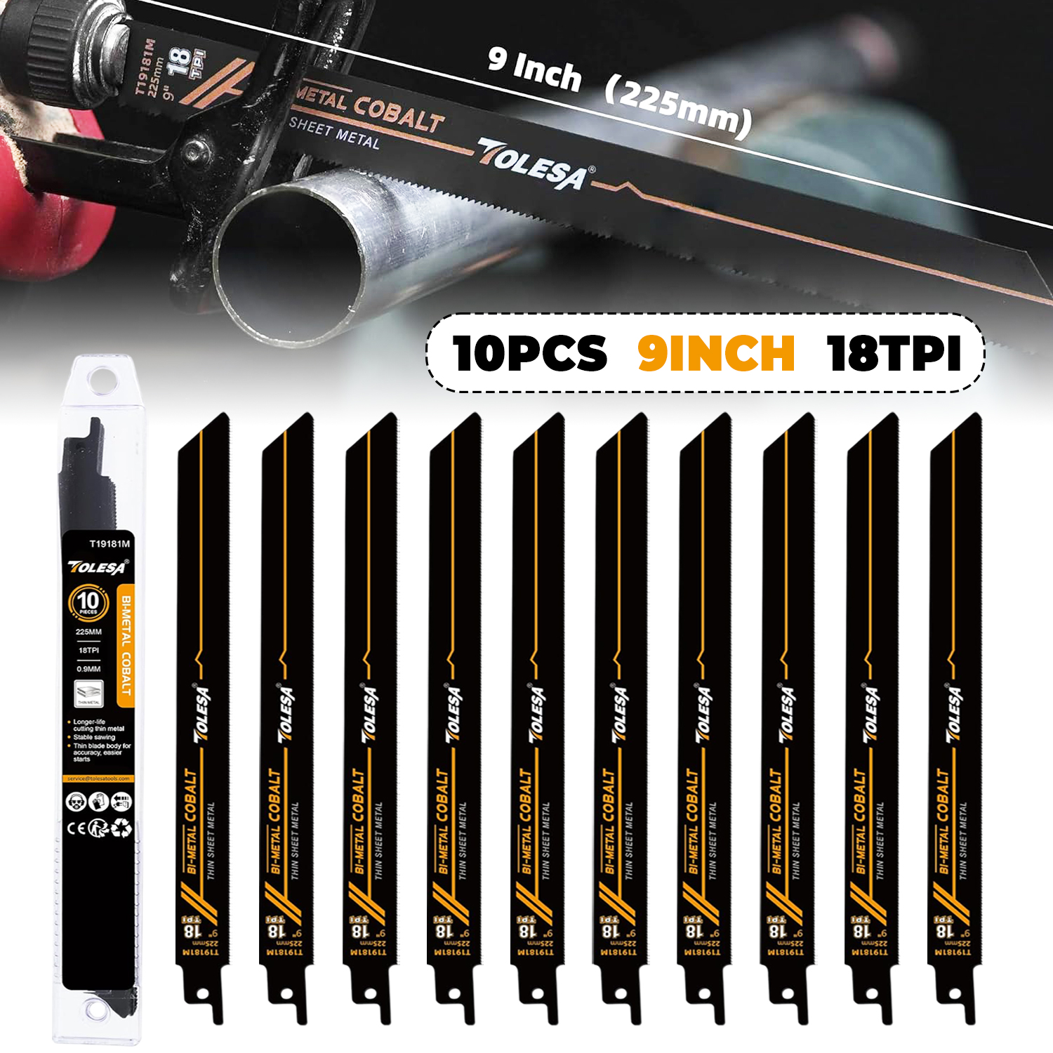 TOLESA 10PCS Bi-Metal Sawzall ใบมีดตัดโลหะ 150 มม./225 มม.18TPI ใบเลื่อยลูกสูบโคบอลต์สําหรับตัดโลหะ