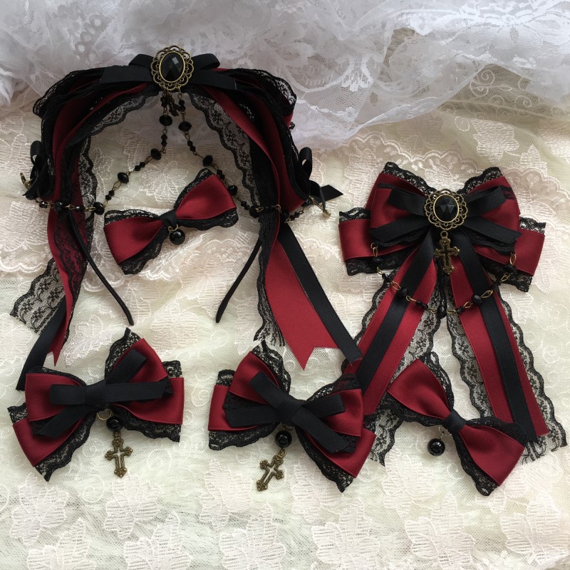 Épingle à cheveux avec nœud, couvre-chef gothique, accessoires pour cheveux Lolita, noir, vin rouge, KC