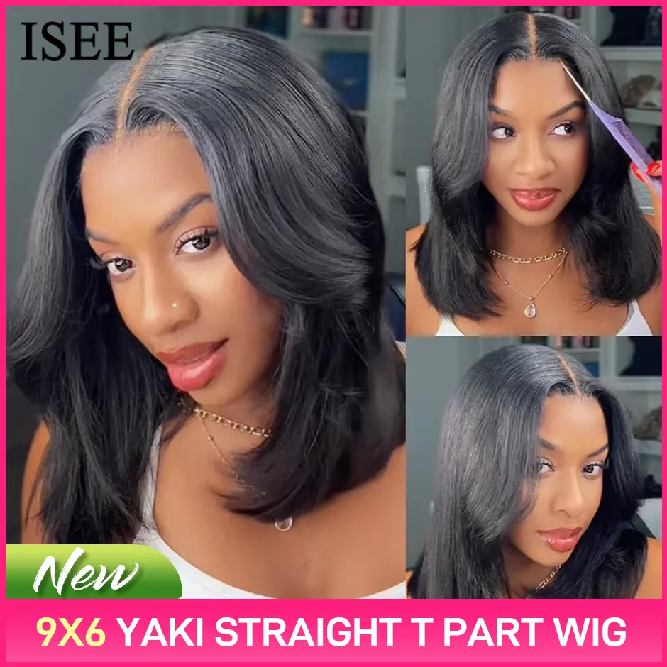 ISEE HAIR 9x6 T Part Layered Cut Bob Wig Бесклеевой прямой парик Yaki Плотность 180% Глубокая часть кружева Go Wig Натуральный черный