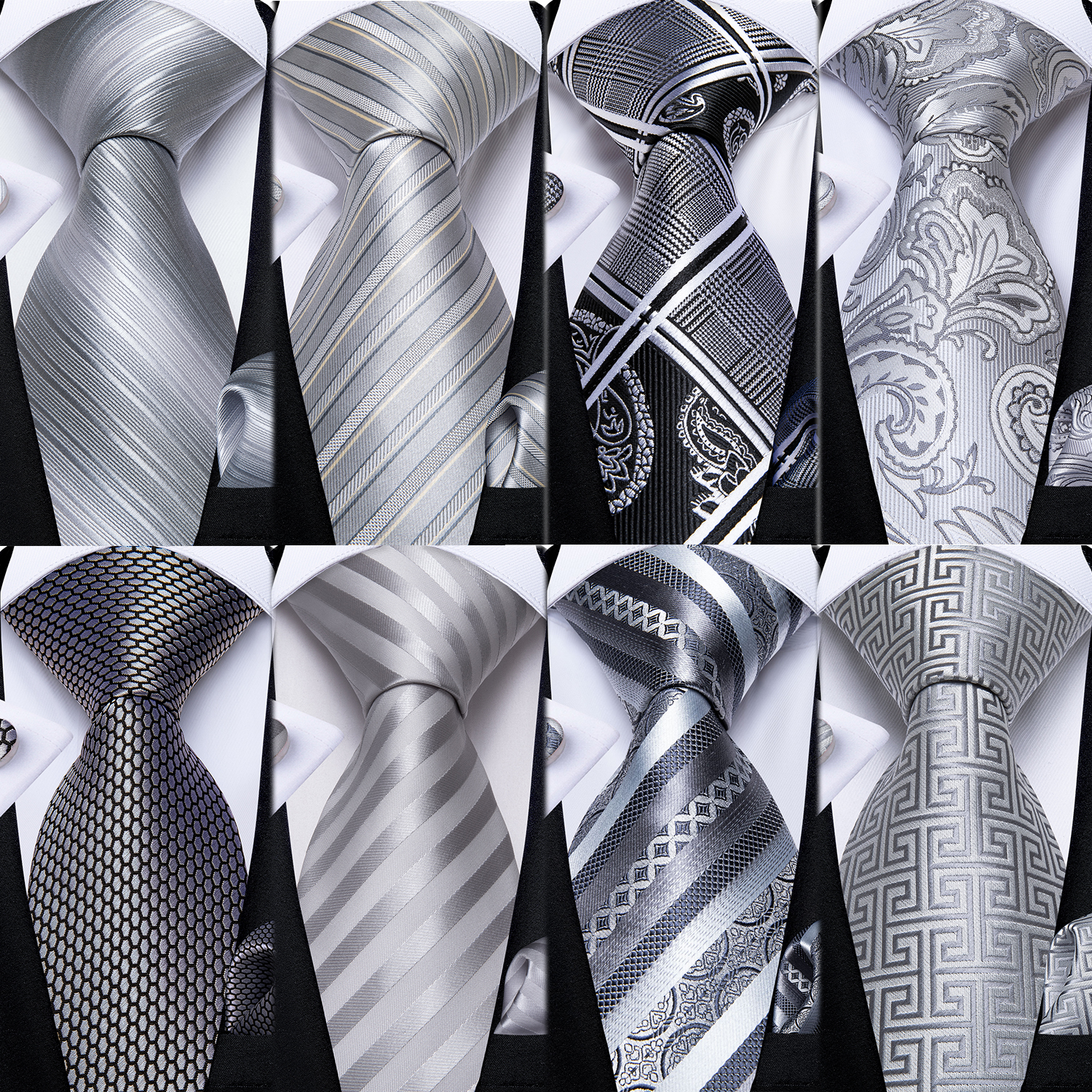Grau gestreifte Paisley-Seidenkrawatten für Männer, Hochzeitsaccessoires, 8 cm lange Krawatte, Einstecktuch, Manschettenknöpfe, Geschenk für Männer, DiBanGu